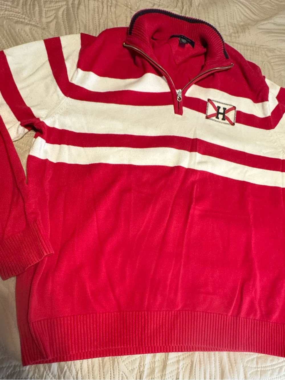 Tommy Hilfiger Men’s Red & White Striped Cowl Half-Zip Sweater XL